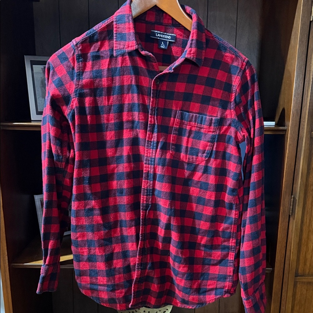 Lands' End youth Red and Black Checkered flannel Shirt